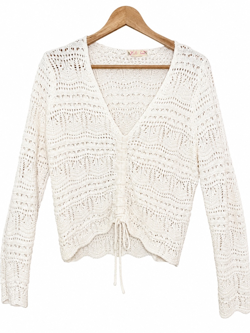 Cream Crochet Knit Cardigan Sweater | Boho Tie Front Top | Coastal Cottagecore - Picture 2 of 12